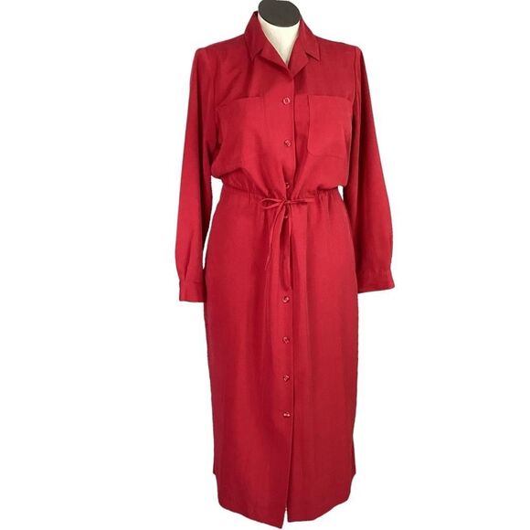 TravelSmith Shirt Dress Women L Red Button Down Long Sleeve Midi Pockets Office - Picture 1 of 7